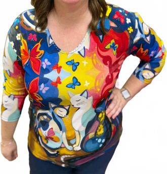 Valentina Cats V-Neck Top In Multi