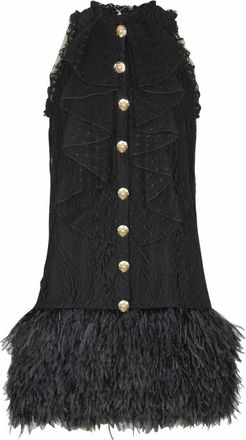 Balmain Vloeiende jurk met kant en veren - Dames - Korte kleedjes - Zwart - S - Katoen - Kleedjes