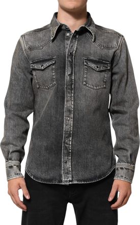 Dolce & Gabbana Black Washed Cotton Snap Long Sleeve Casual Mens Shirt