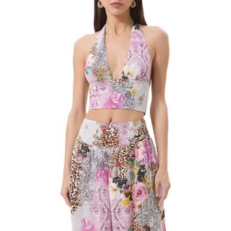 AFRM Sylas Mix Print Plunge Halter Neck Crop Top in Natural Patchwork at Nordstrom, Size X-Small