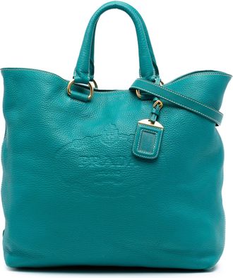 Prada Teal Vitello Daino Canapa Logo Open Convertible Tote