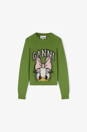 Ganni Daisy Duck Green Brushed Wool Jumper - Size XXS Minced Herb