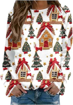 Generic Christmas Jumpers for Women UK 2025 Ugly Xmas Autumn Winter Sweatshirts Ladies Tops Long Sleeve Fall Oversized Outfits Elegant Funny Round Neck Long S