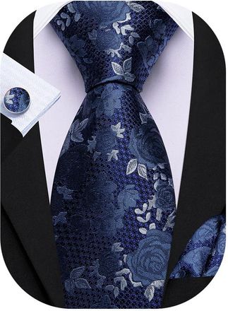 Barry.Wang Floral Tie Mens Navy Blue Rose Silk Necktie Pocket Square Cufflinks Set Wedding Wedding Prom