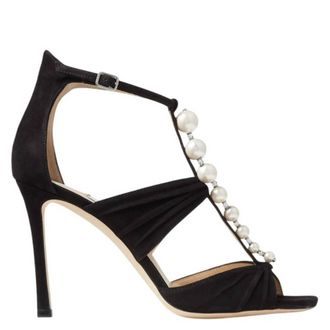 Jimmy Choo London Aura 95 Pearls and Crystals Suede Sandals, Brand Size 34.5 ( US Size 4.5 )