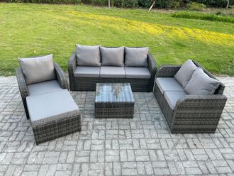 Fimous Rattan Garden Furniture 5 Piece Patio Set With Table Sofa Square Coffee Table Reclining Chair Loveseat sofa Big Footstool in Dark Grey