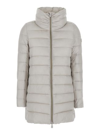 Save The Duck Lydia Beige Down Jacket With High Neck And Logo Patch On The Sleeve In Tech Fabric Woman