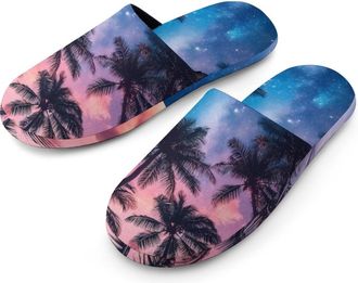 Generic Palm Trees Flannel Mens Slip-on Slippers Winter Warm House Shoes with Rubber Sole for Home Hotel