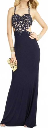 Alyce Paris Embroidered Lace Strappy Sexy Back Evening Gown In Midnight/nude
