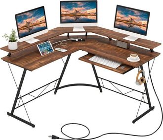 Costway Costway - Escritorio Esquinero 130x130 Cm, Escritorio En L Con Toma De Corriente, Soporte Para Monitor, Bandeja Para Teclado, Gancho Para Auriculares,