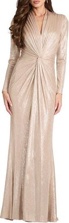 Tadashi Shoji Metallic Long Sleeve Liquid Jersey Gown in Pebble at Nordstrom, Size Xx-Large