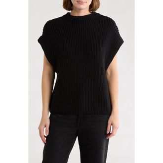 Leith Mock Neck Cap Sleeve Cotton Blend Sweater in Black at Nordstrom Rack, Size X-Small