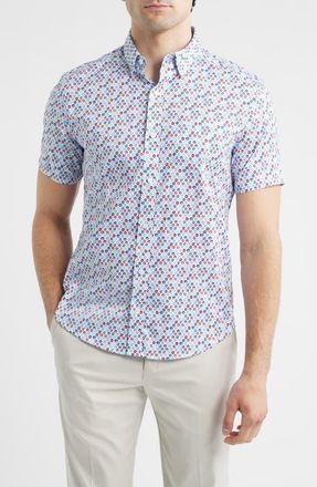 Johnston & Murphy Logan Dot Print Short Sleeve Cotton Blend Button-Up Shirt in Blue /Red Ocean Icons at Nordstrom, Size Xxx-Large