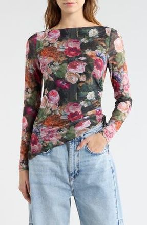 Madden Girl Boat Neck Asymmetrical Ruched Long Sleeve Top in Black Combo at Nordstrom Rack, Size X-Large