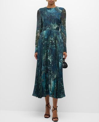 Jason Wu Long-Sleeve Pleated Chiffon Midi Dress
