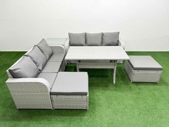 Fimous Outdoor Garden Furniture Sets 8 Seater Wicker Rattan Furniture Sofa Sets w/ Rectangular Dining Table high Back Lounge Sofa 2 Big Footstool