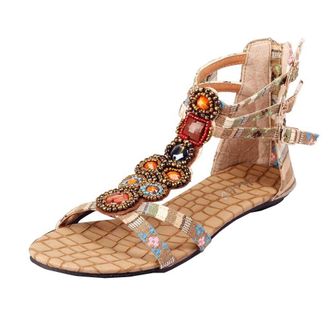 LaoZan Womens Boho Beaded Floral Rhinestone Ankle Buckled Open Toe Flat Sandals Apricot 38EU