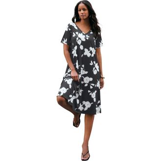 Roaman's Plus Size Short Sleeve Sleeve Swing Dress in Black Silhouette Floral at Nordstrom, Size 36P