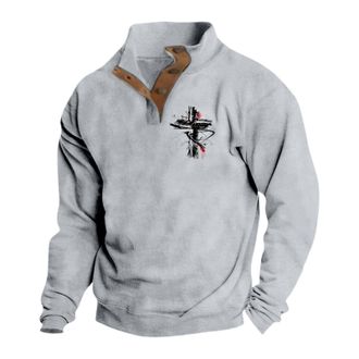 Generic Mens Jumpers Crosses Printed Christian Sweatshirts for Men Long Sleeve Pullover Button Down Polo Shirts Stand Collar Jumper Fashion Casual Tops Fall W