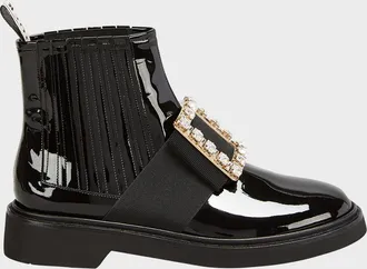 Roger Vivier Viv & apos; Rangers Patent Chelsea Booties with Crystal Buckle