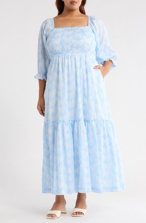 Sugarlips Aubry Butterfly Smocked Maxi Dress in Blue/white at Nordstrom, Size 2X