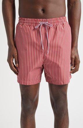 Thom Browne Stripe Nylon Swim Trunks in Burgundy at Nordstrom, Size 1