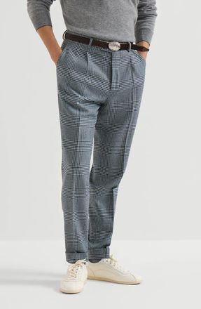Brunello Cucinelli Comfort wool and cashmere Prince of Wales flannel trousers with pleat in Cerulean at Nordstrom, Size 48