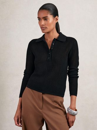 Reiss Black Open-knit Long-sleeve Polo Top, XS