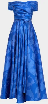 Talbot Runhof Off-The-Shoulder Draped Floral Jacquard Gown