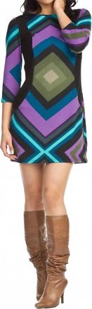 Papillon Geo Print 3/4 Sleeve Bodycon Dress In Purple Multi