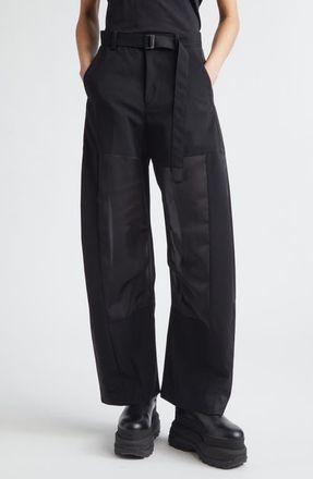 sacai Belted Wool Suiting & Satin Barrel Leg Pants in Black at Nordstrom, Size 3