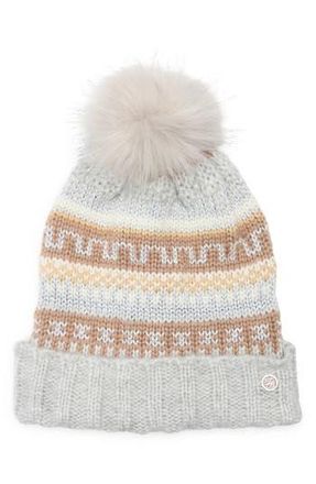 Ted Baker Fair Isle Beanie with Faux Fur Pompom in Grey at Nordstrom Rack