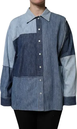 Dolce & Gabbana Womens Blue Cotton Button Up Collared Long Sleeve Top