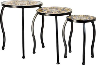 Wanderlust Deco Soporte Set 3 Pzas De Mosaico Y Forja Negro 33x33x37h-28x28x33h-23x23x29h Cm