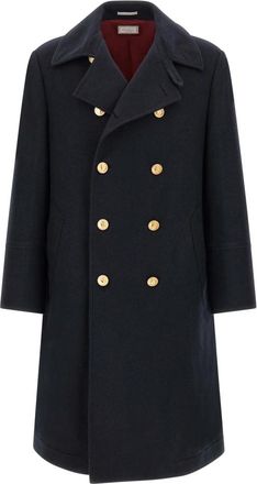 Brunello Cucinelli Double-Breasted Crest-Button Coat - Heren - Mantel - Blauw - L - Leer - Jassen