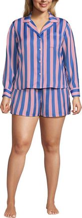 Lands End Plus Size Matte Satin 2 Piece Pajama Set - Long Sleeve Top and Shorts in Light Rose Pink/brisk Blue at Nordstrom, Size 3 X