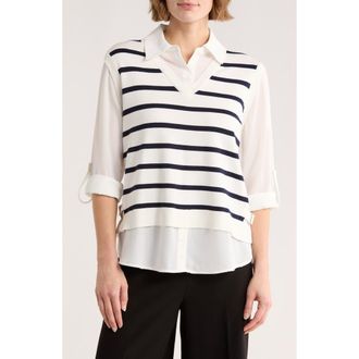 Adrianna Papell V-Neck Twofer Sweater in Ivory/Blue Moon Stripe at Nordstrom Rack, Size X-Large