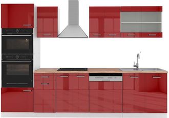Vicco Mueble De Cocina R-line, Burdeos Brillo Intenso/blanco, 300 Cm Con Armario Alto, Et Roble