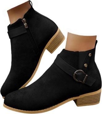 Generic Ladies Ankle Boots Ladies Low Heels Flat Ankle Boots Faux Suede Elastic Buckle Strap Round Toe Short Boot with Side Zip Fall Shoes Fashion Western Cow