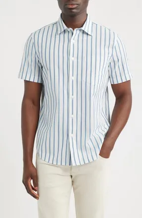 Nordstrom Cotton Blend Seersucker Button-Up Shirt in Blue Diamond Trio Stripe at Nordstrom, Size Xxx-Large