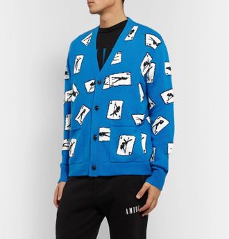 Amiri Cards Intarsia Cardigan Sweater In Blue