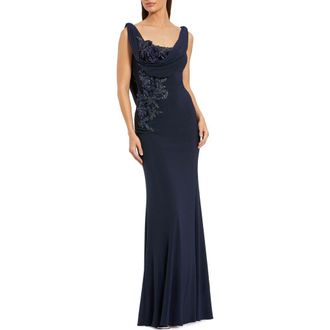 Mac Duggal Sleeveless 3D Flower Detailing Cowl Neck Gown in Midnight at Nordstrom, Size 10