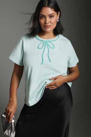 English Factory Beaded Bow Cotton T-Shirt Top