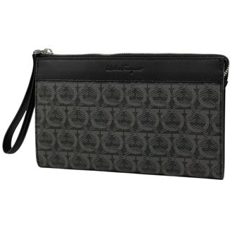 Ferragamo Gancini Gray Coated Canvas Leather Clutch Bag (Pre-Owned)