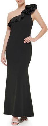 Jessica Howard One Shoulder Ruffle Crepe Gown in Black at Nordstrom, Size 16