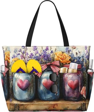 Generic Flowers Hearts Vase Print Large Beach Bag Foldable Travel Shoulder Tote Bag With Pocket For Weekender Pool Vacation