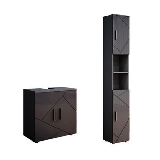 Vicco Conjunto De Muebles De Ba&ntilde;o Irma, Antracita Alto Brillo, 2 Partes, Con Mueble Alto