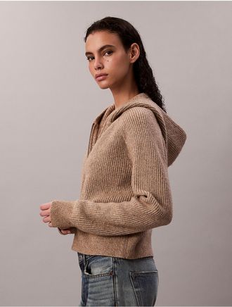 Calvin Klein Womens Sweater Rib Zip Hoodie - Brown - XS
