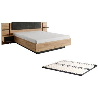 Vente-Unique Vente-unique - Letto con led + Rete + Comodini 160 x 200 cm Naturale e Antracite - elynia