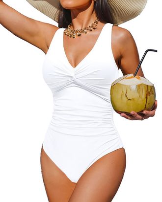 Holipick Women One Piece Bathing Suit Tummy Control Swimsuit Slimming Push Up Swimwear, White, XXL